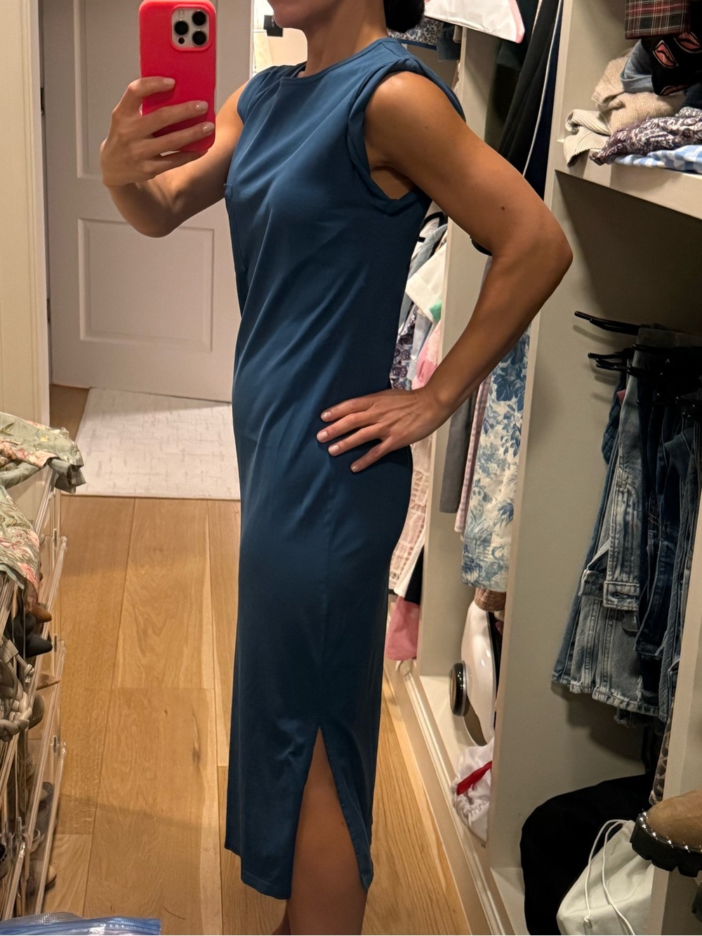 Theory Teal Blue Sleeveless T-Shirt Midi Dress with Side Slit